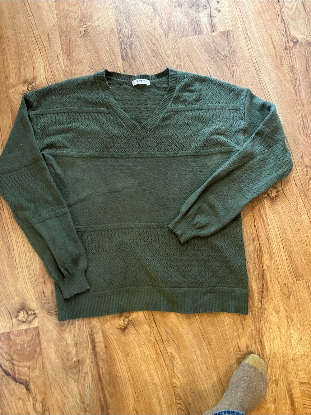 V-Neck Textured Sweater in Olive Green by zeagoo medium earth tone